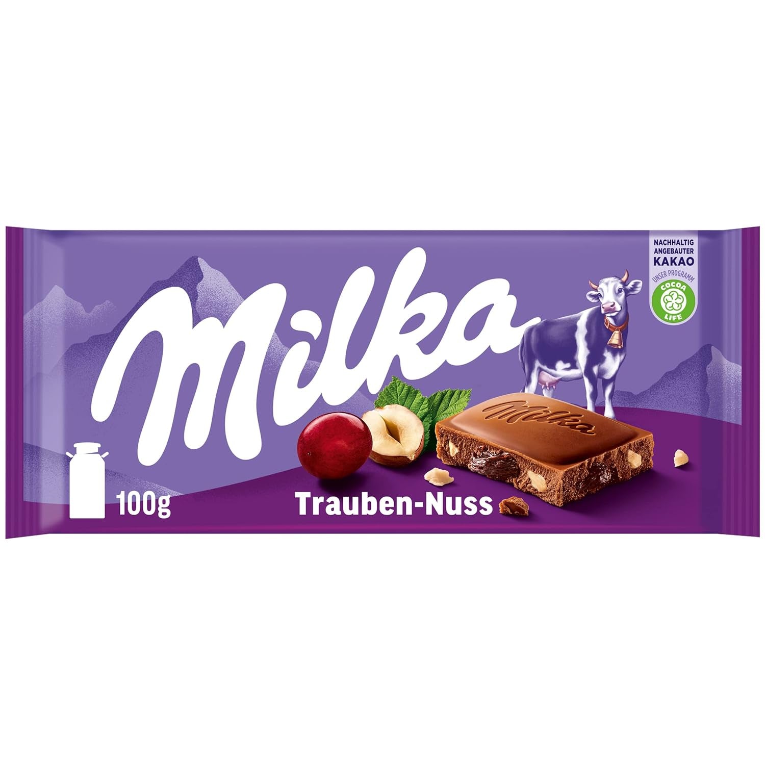 Milka Raisins et Noisettes – Chocolat au lait alpin avec morceaux de noisettes et raisins secs – 90g