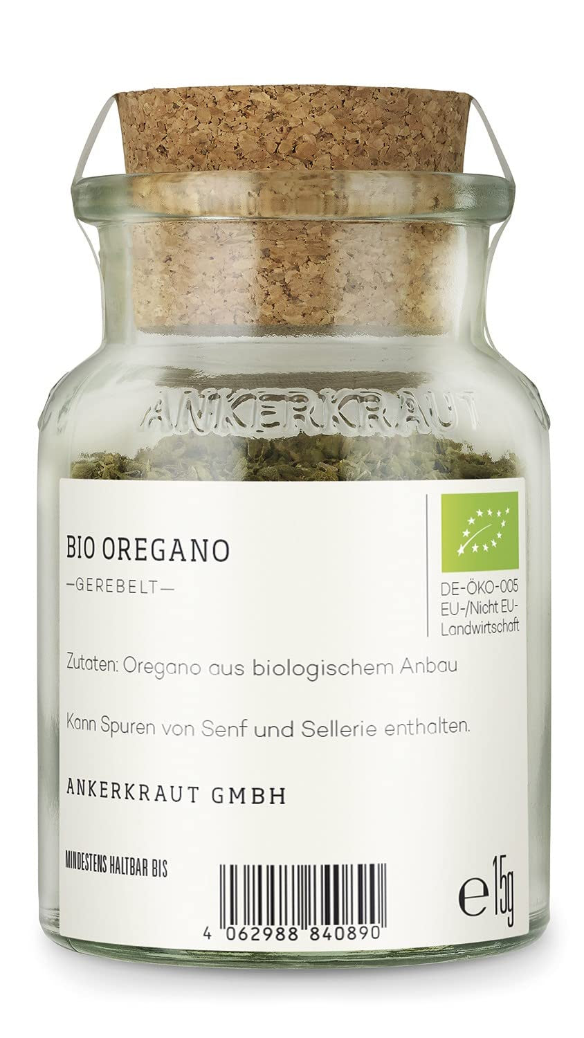 Ankerkraut BIO Origan, gerebeltes Küchen-Kraut, 15 g dans un verre en liège, Bio-Qualität zum selber Sürzen, Gewürz mediterranean Küche für Pizza & Pasta