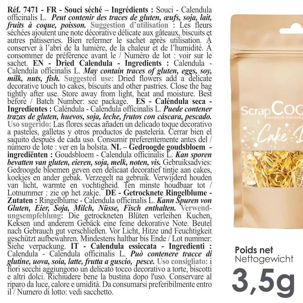 ScrapCooking - Soucis séchés 3,5 g - Fleurs comestibles - Décorations alimentaires pour pâtisserie - Pour desserts, gâteaux, tartes, muffins - Noël, printemps, anniversaire - Jaune doré - 7471