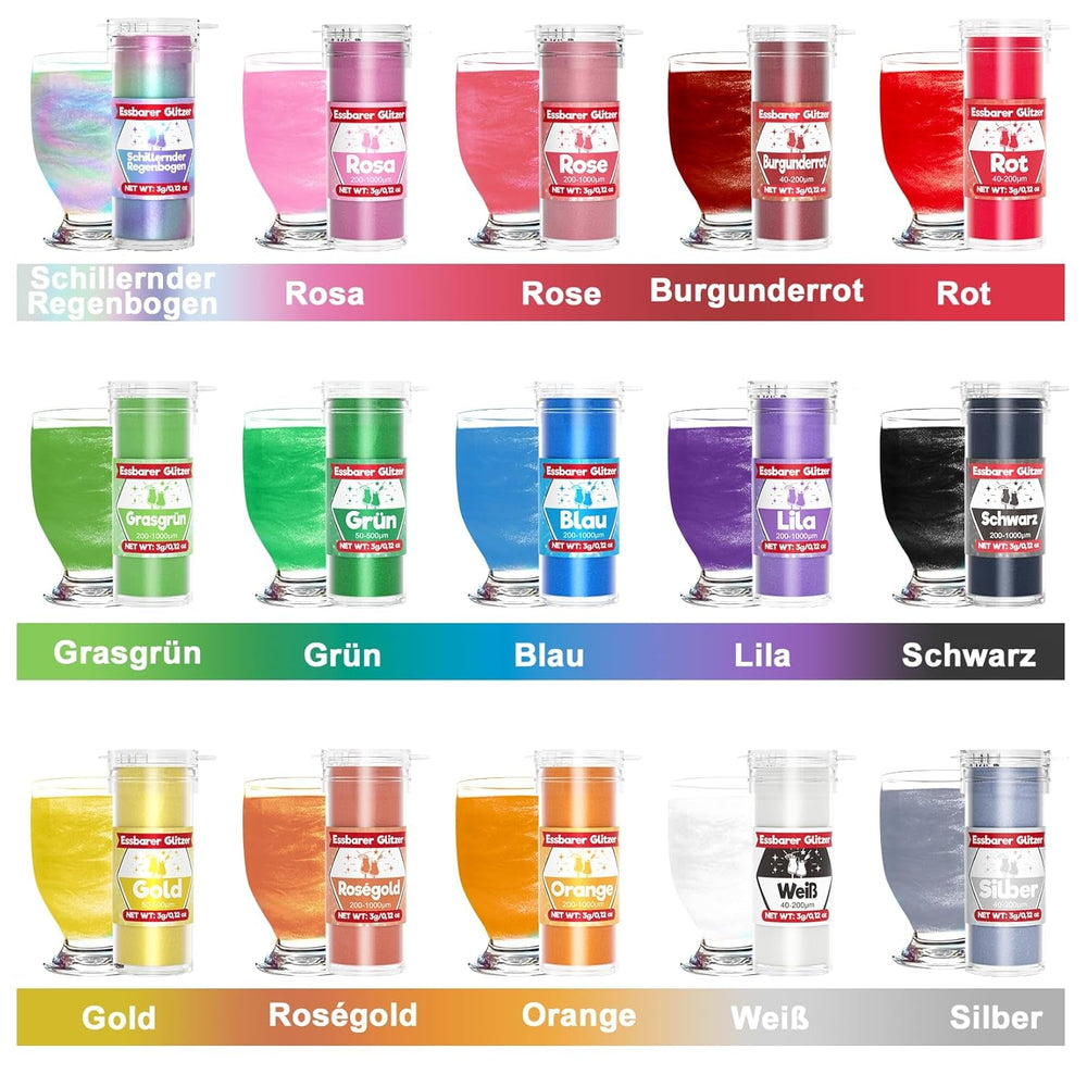 Paillettes comestibles pour boissons et gâteaux – 15 couleurs en poudre colorante alimentaire (3 g/couleur) | Paillettes comestibles sans changement de saveur | Idéal pour les cocktails, les gâteaux, les desserts et les décorations de pâtisserie