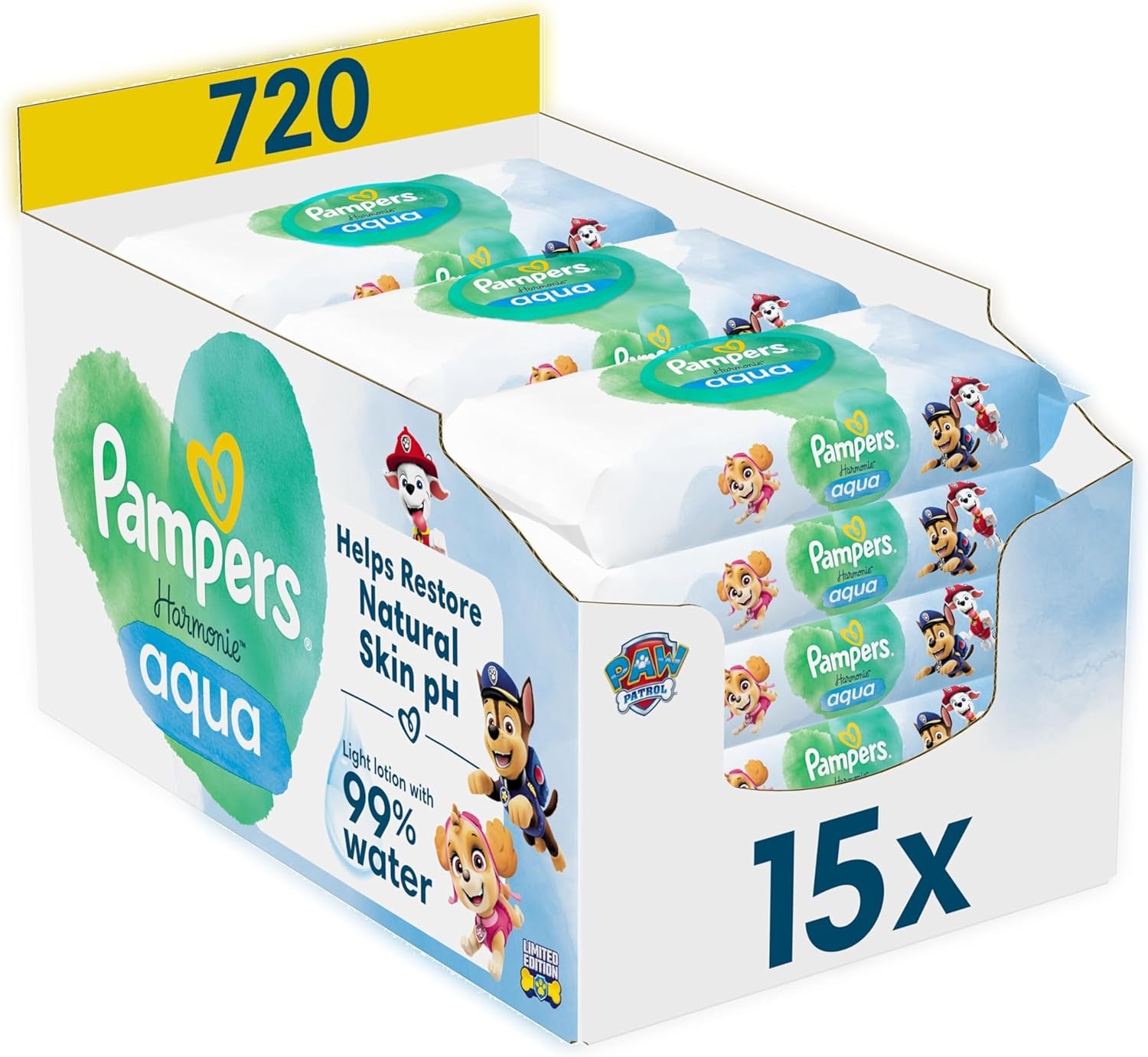 Pampers Harmony Aqua Baby Wipes Paw Patrol 15 Pack de 48 lingettes 720 lingettes pour bébé aide à restaurer l'équilibre naturel du pH de la peau Lotion légère 99 % d'eau