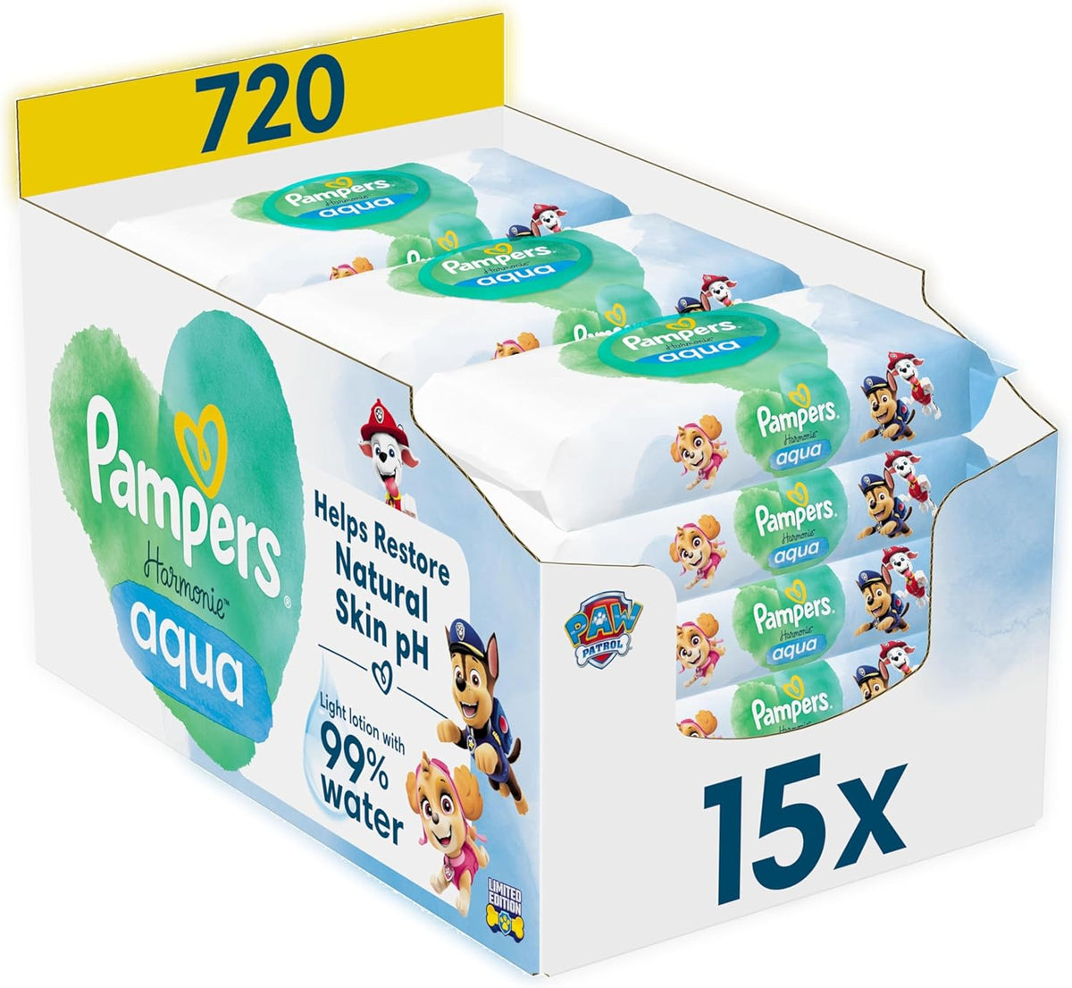 Pampers Harmony Aqua Baby Wipes Paw Patrol 15 Pack de 48 lingettes 720 lingettes pour bébé aide à restaurer l'équilibre naturel du pH de la peau Lotion légère 99 % d'eau