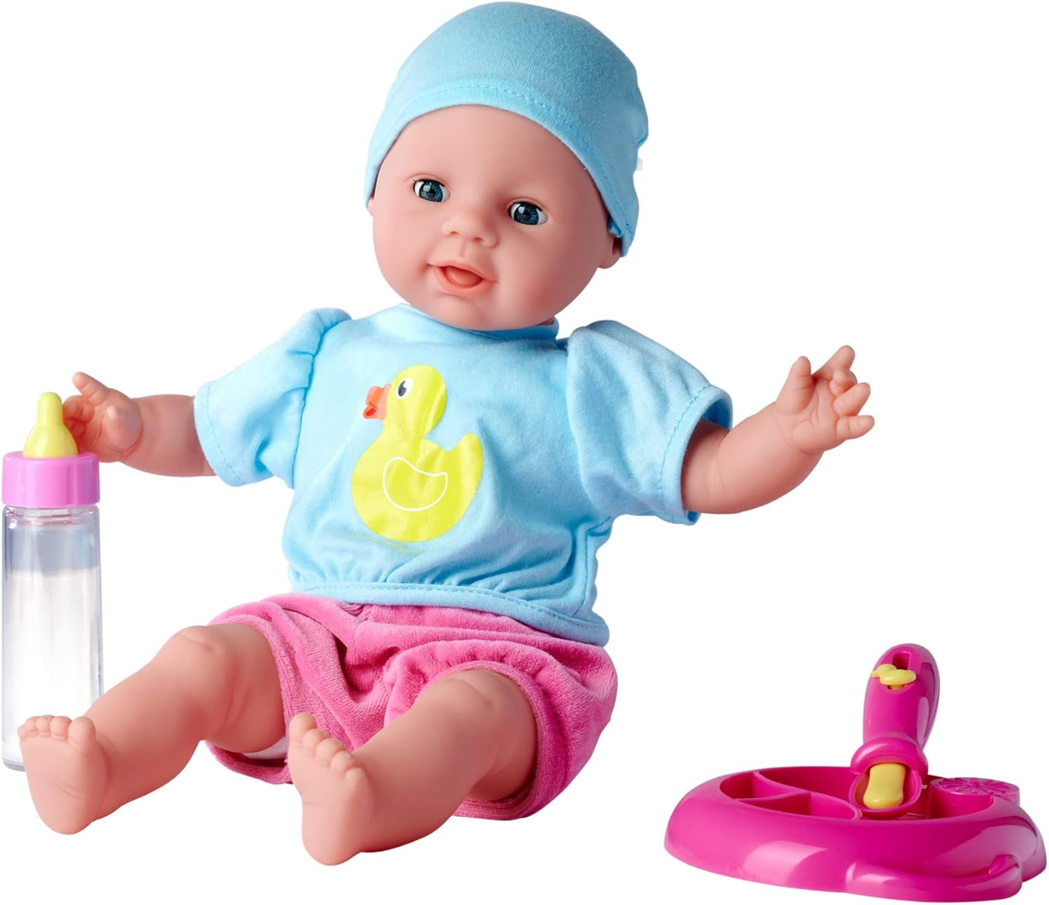 Simba 105010964 - Laura Hungry, Weichkörperpuppe mit Schnuller, magischem Löffel, Trinkfläschchen mit verschwindendem Inhalt und Tellerchen, 38cm, Babypuppe ab 2 Jahren
