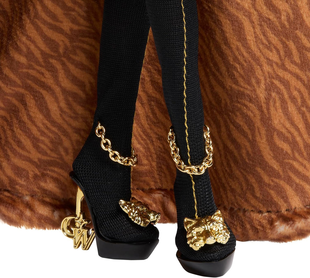 Monster High Doll House of Wolves Figurine de collection Clawdeen Wolf avec manteau en fausse fourrure jacquard veste violette robe pantalon doré et accessoires JDR66