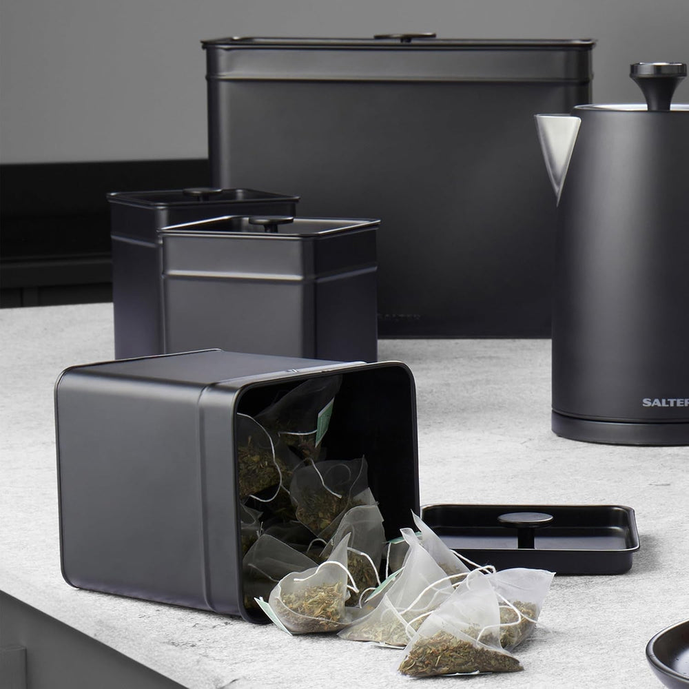Salter BW12614EU7 Kuro Boîte de Rangement - 4 Récipients de Cuisine Pain/Thé/Café/Sucre Boîtes de Rangement Carrées Facile à Nettoyer Garder Les Aliments Frais Noir Boîtes de Rangement des Aliments Naty Shop