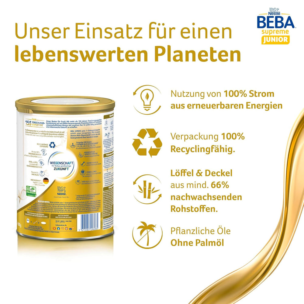 BEBA SUPREME JUNIOR 1 Plus - Boisson pour enfants à partir de 1 an, au complexe 6 HMO, sans lactose, sans huile de palme, sans huile de poisson, nourriture pour petits enfants, lait en poudre pour bébé, pack de 6 (6 x 800g)