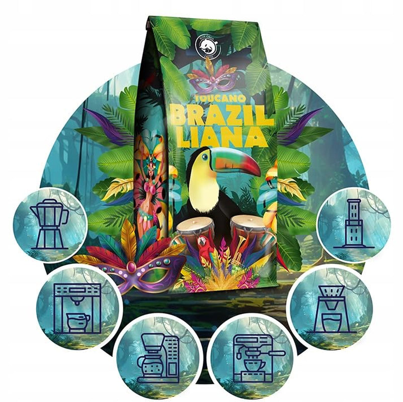 Café moulu Brazilliana Toucano 1 kg | 100% Arabica | avec des notes de noix, de chocolat et de raisins secs | torréfaction moyenne, faible acidité | pour machines à expresso | Torréfaction de café Blue Orca