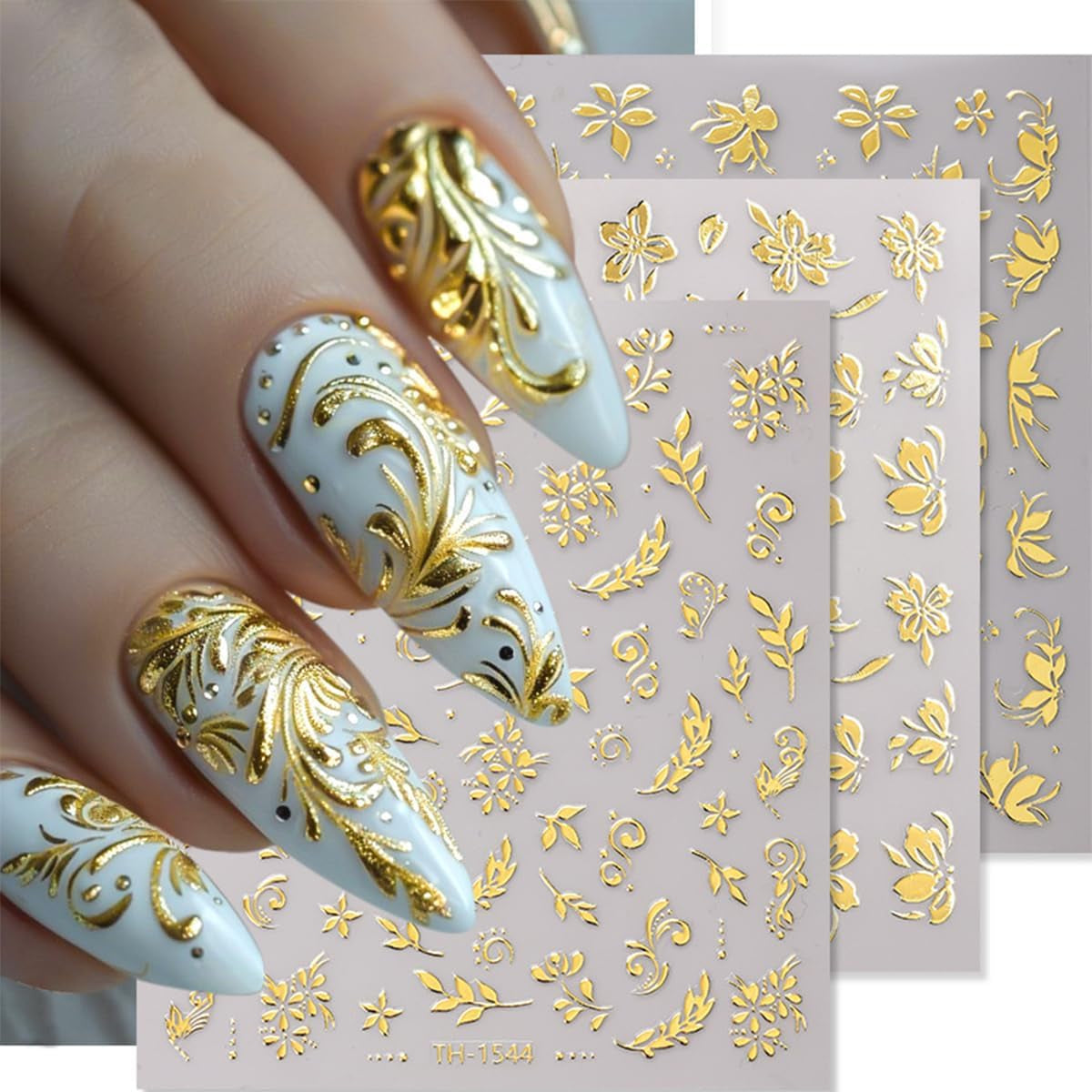 JMEOWIO Nagelsticker Goldene Blumen 8 Blatt Nail Art Sticker Selbstklebend Nagelaufkleber Dekoration Nageldesign Zubehör