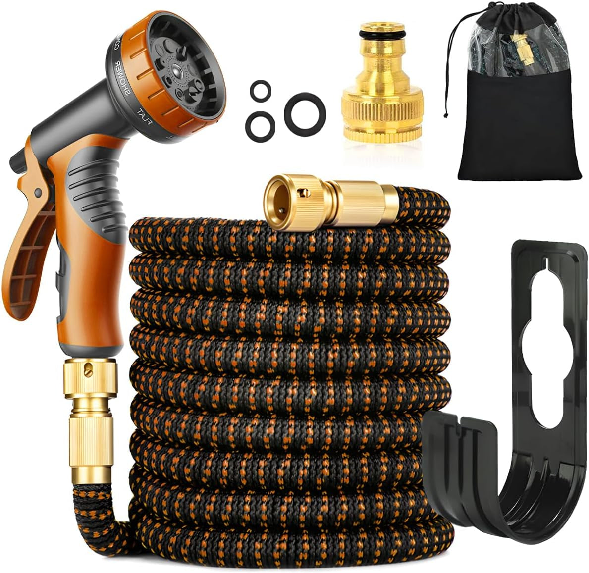 Tuyau d'arrosage flexible vert de 30 m/100 pieds avec buse de pulvérisation et connecteurs en laiton de 3/4" et 1/2" 10 fonctions Tuyau d'eau extensible 3 fois extensible sans pli pour sol de jardin, terrasse, voiture