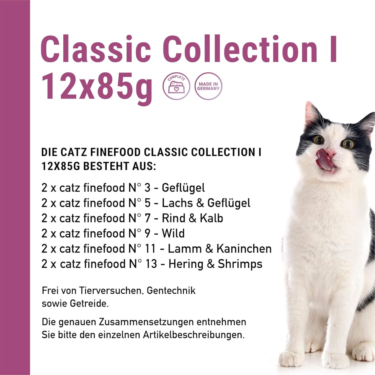 Catz Finefood Classic Collection Mixed Pack Hrană umedă pentru pisici - hrană umedă gourmet pentru pisica ta, fără cereale și fără zahăr, cu un conținut ridicat de carne, 24 de pliculețe x 85 g