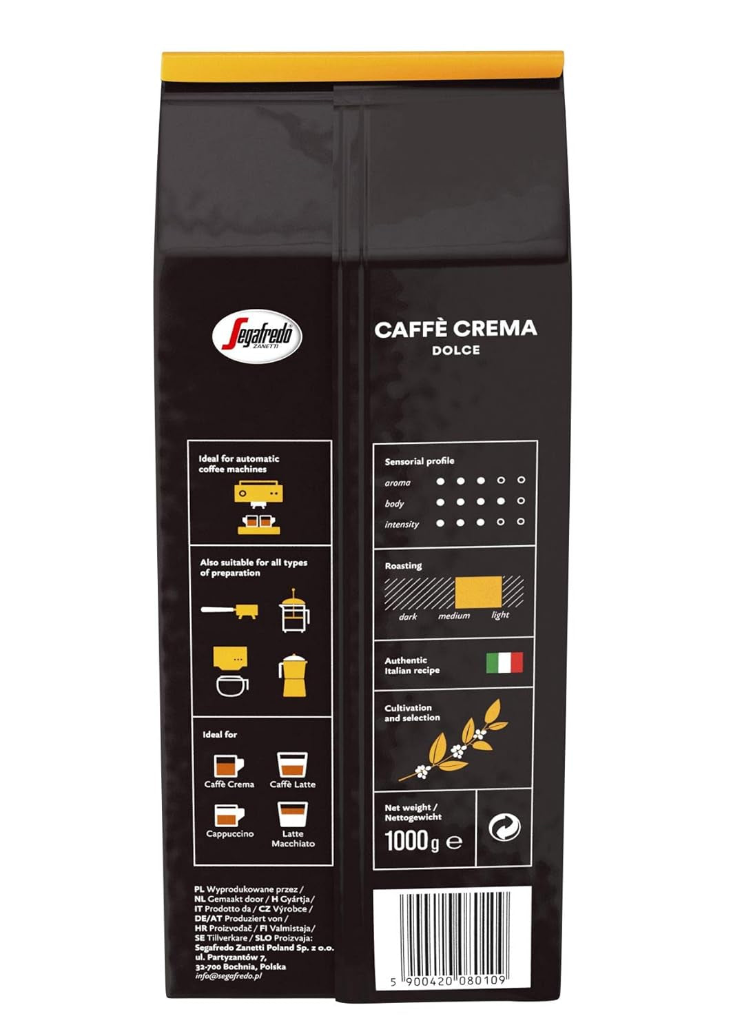Segafredo Zanetti Caffè Crema Dolce - Grains entiers (paquet de 1 kg) - Convient pour Caffè Crema - Grains de café torréfiés légèrement à moyennement au goût doux et équilibré (paquet de 2)