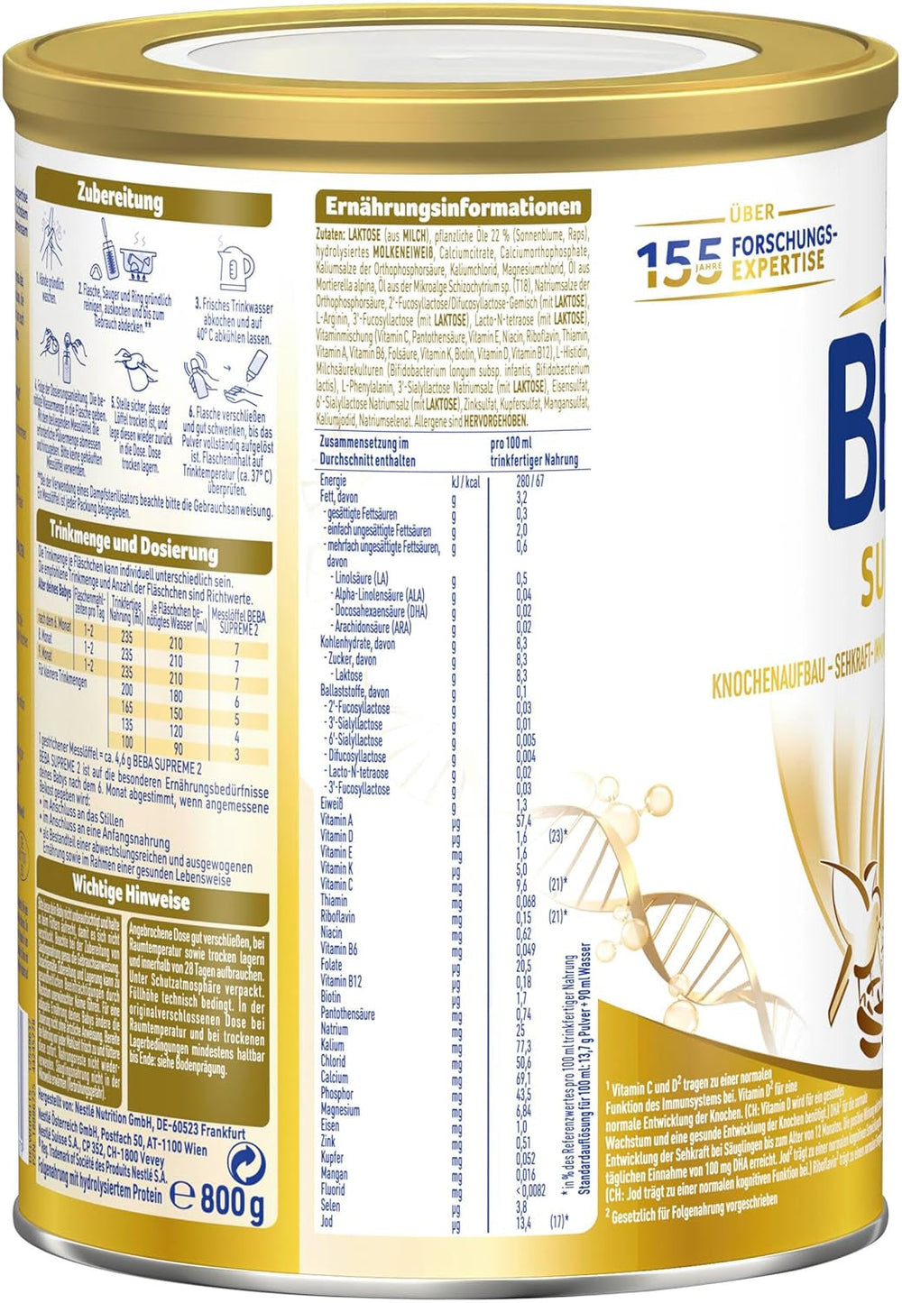 BEBA SUPREME 2 Lait de suite après 6 mois, lactose uniquement, sans huile de palme, pack de 6 (6 x 800g) Naty Shop