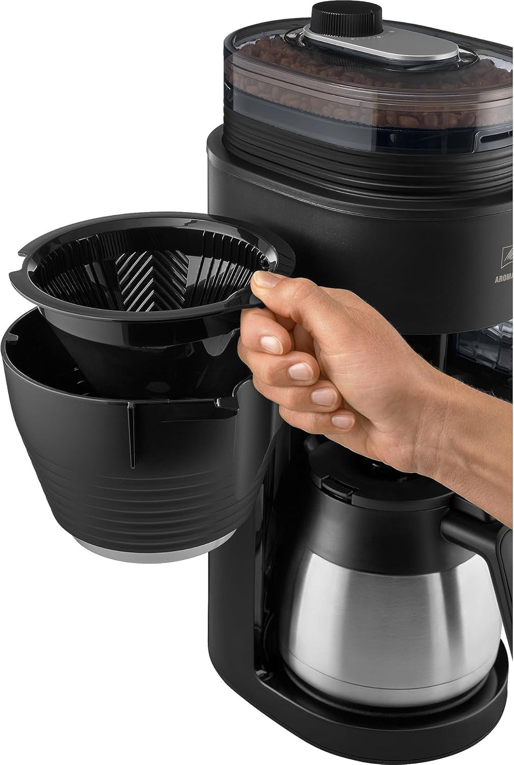 Melitta AromaFresh Therm Pro X - Machine à expresso avec filtre, moulin intégré, réservoir d'eau amovible, carafe thermique en acier inoxydable et fonction minuterie, pour jusqu'à 8 tasses de café, noir/argent