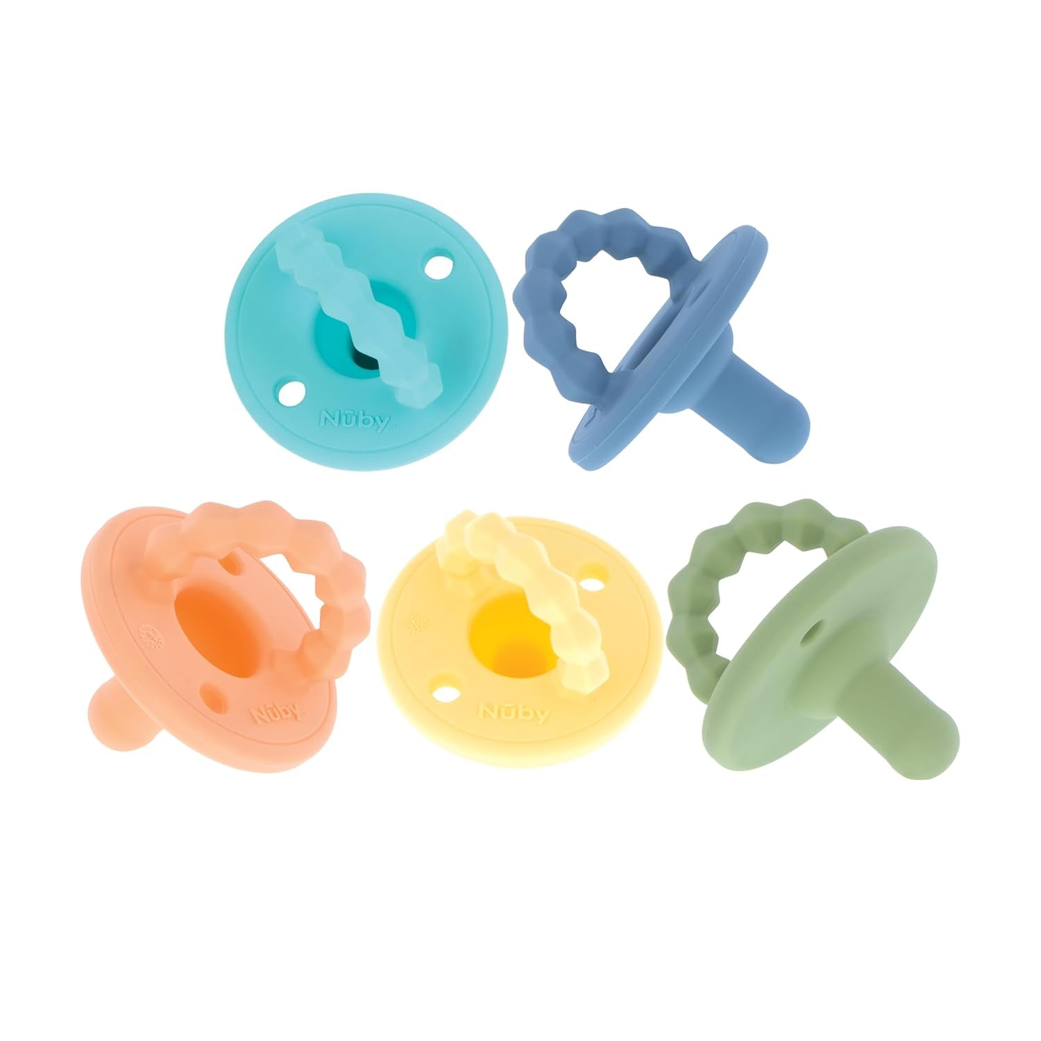 Nuby – Lot de 5 Sucettes et Sucettes Orthodontiques en Silicone Souple | 3 modèles pour le jour et la nuit | 2 modèles qui brillent dans le noir | Sans BPA | Forme semblable à un sein | Pour 18-36 mois