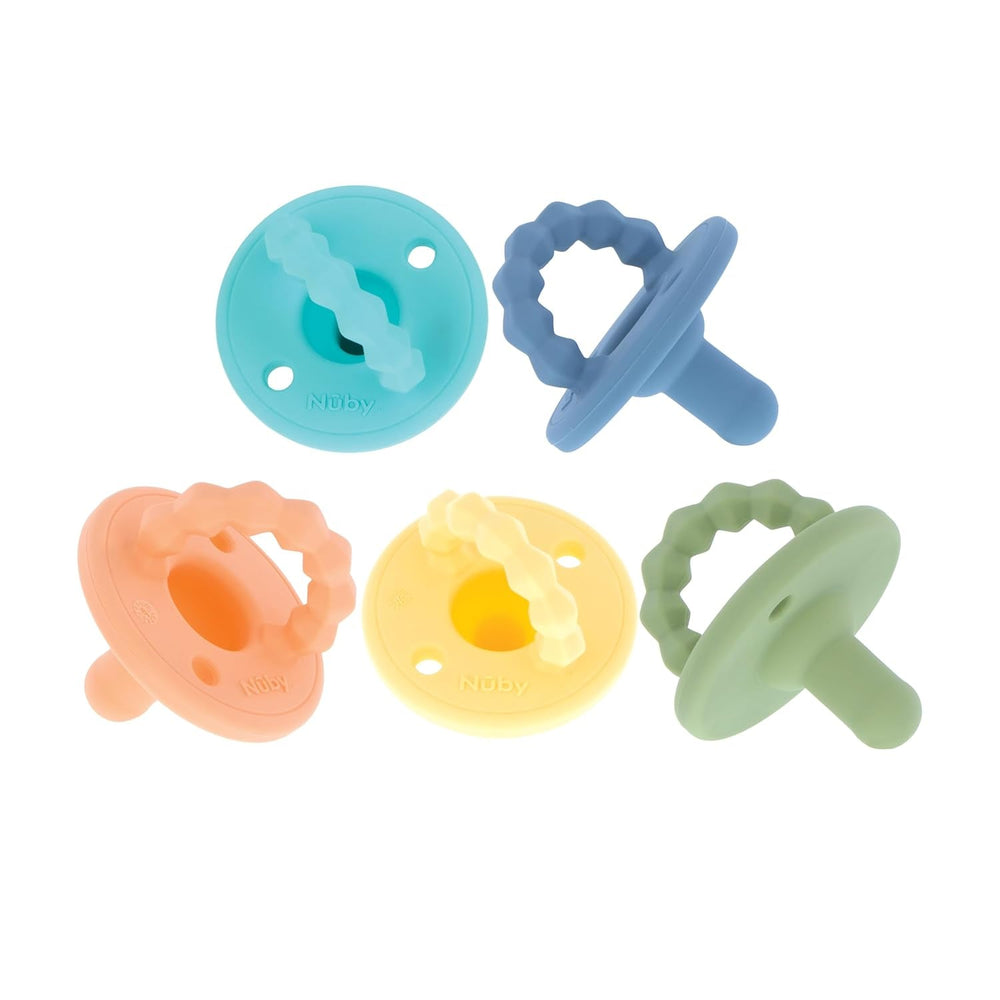 Nuby – Lot de 5 Sucettes et Sucettes Orthodontiques en Silicone Souple | 3 modèles pour le jour et la nuit | 2 modèles qui brillent dans le noir | Sans BPA | Forme semblable à un sein | Pour 18-36 mois