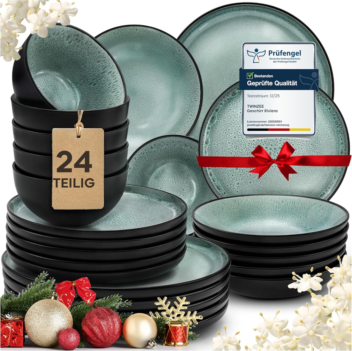 Twinzee Service de table en grès 24 pièces pour 6 personnes – Ensemble bol et assiette – Grès allant au micro-ondes – Collection Riviera