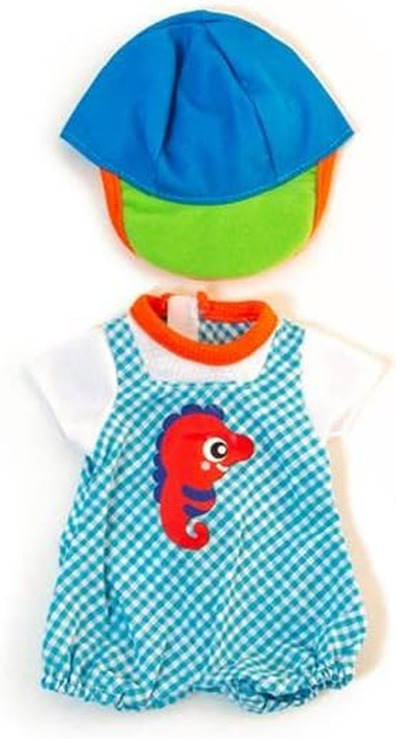 Miniland Set Puppenkleidung 32cm, girgeltes T-Shirt mit Latzhose und Mütze, Übergangszeit