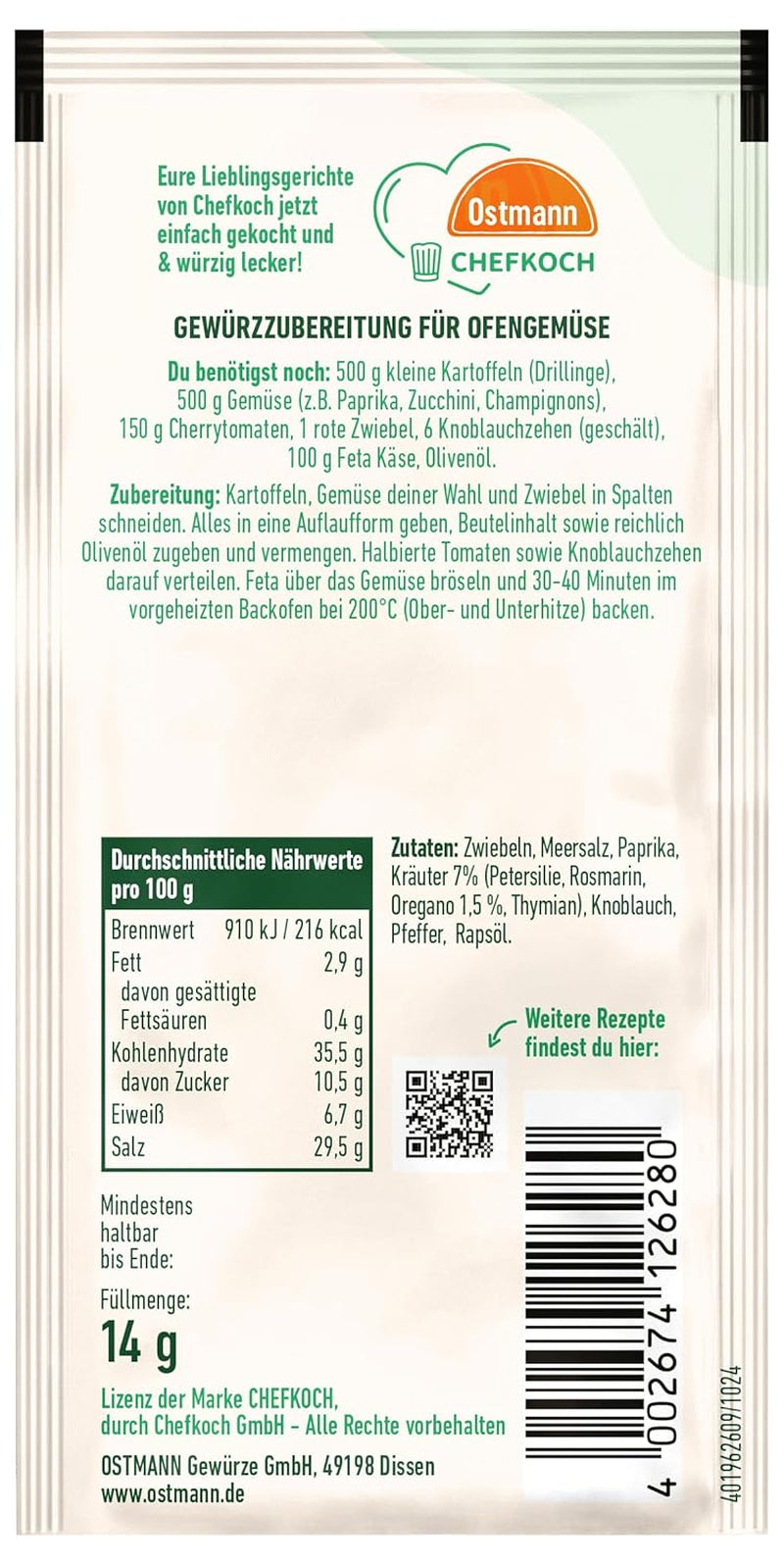 Ostmann Gewürze x Chefkoch - Ofengemüse Gewürzzubereitung | Abgestimmt auf 4 Portions | Y compris Schritt-für-Schritt-Rezept et Mengenangaben | 14 g en sachet