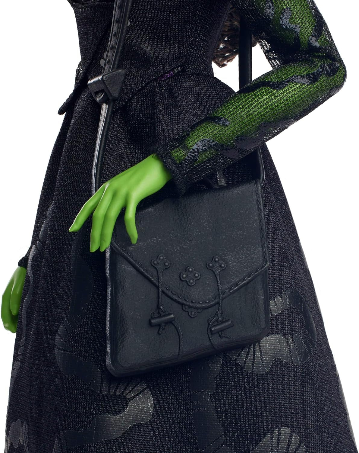 Mattel Wicked Elphaba Poupée mannequin et accessoires avec peau verte, cheveux tressés noirs, diverses poses possibles et apparence de robe de bal amovible, HXT62, [Multicolore]