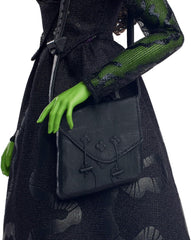 Mattel Wicked Elphaba Poupée mannequin et accessoires avec peau verte, cheveux tressés noirs, diverses poses possibles et apparence de robe de bal extensible, HXT62, [Multicolore] Naty Shop Dolls