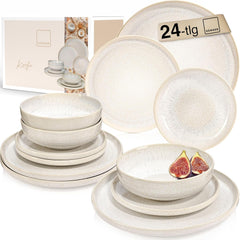 SANGER | Service de table Corfou 24 pièces, service de table pour 8 personnes, service de table en céramique fait à la main, comprenant assiettes à dîner, assiettes à dessert et assiettes Suma, vaisselle crème avec texture sable