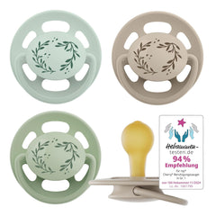 pincement - Vert Cerise | 0-6 mois | Paquet de 4 | Sucette pour bébé, adaptée à l'allaitement et à la dentition. Sucette durable, fabriquée à partir de matières premières naturelles, vert clair/marron