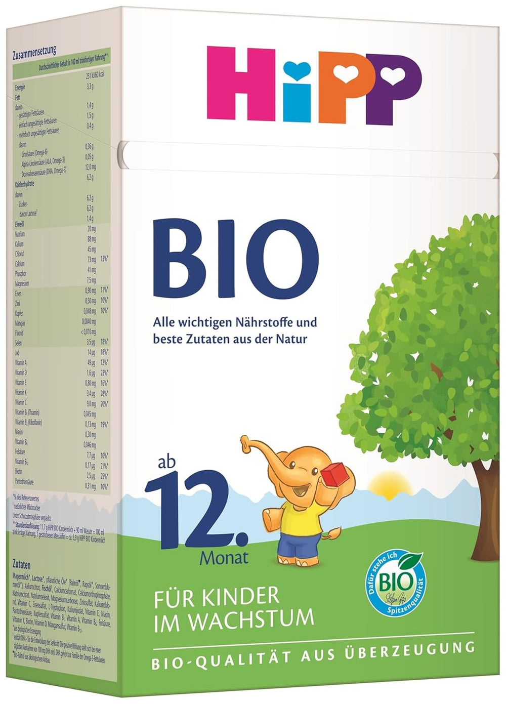 Lait de croissance biologique HiPP (4 x 600 g) après 12 mois avec calcium, fer, vitamines C et D pour les tout-petits en pleine croissance, meilleure qualité biologique
