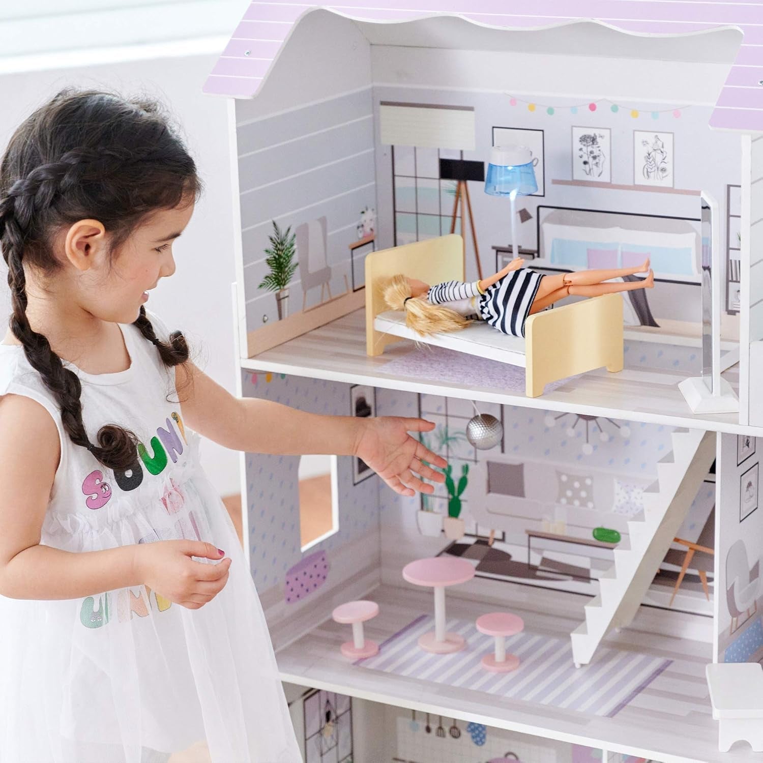 Teamson Kids Maison de poupée géante Olivias Little World avec 16 accessoires de poupée, maison de poupée en bois avec meubles, 3 étages, maison de poupée pour enfants pour poupées de 12 pouces/30 cm, à partir de 3 ans Naty Shop Doll Houses