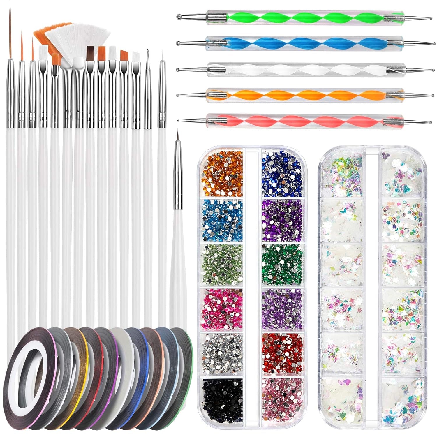 FANDAMEI Nail Art Brush Set, 15 pièces de pinceaux pour pinceaux à ongles en gel, 5 pièces de stylos à points, 10 rouleaux de pinceaux à bandes, des pinceaux à strass, des paillettes ultra fines pour vernis à ongles