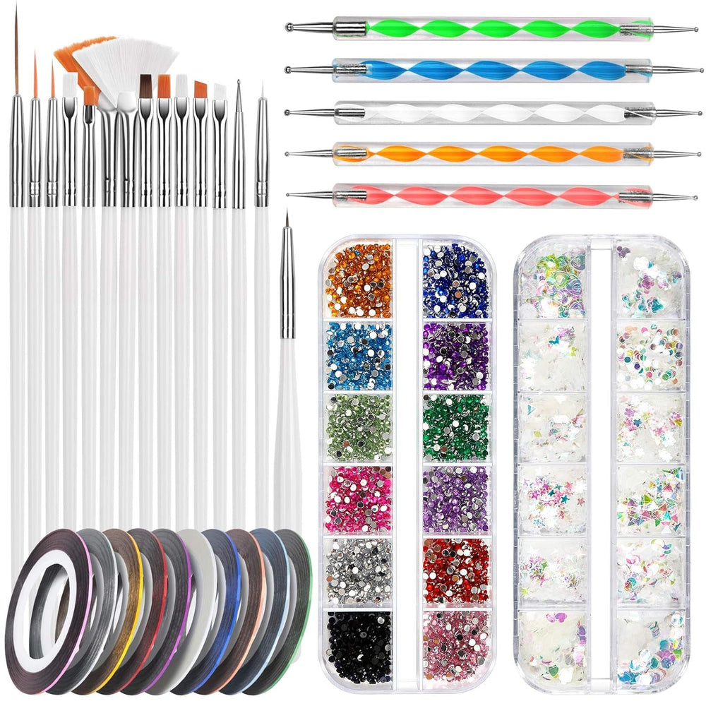 FANDAMEI Nail Art Brush Set, 15 pièces de pinceaux pour pinceaux à ongles en gel, 5 pièces de stylos à points, 10 rouleaux de pinceaux à bandes, des pinceaux à strass, des paillettes ultra fines pour vernis à ongles