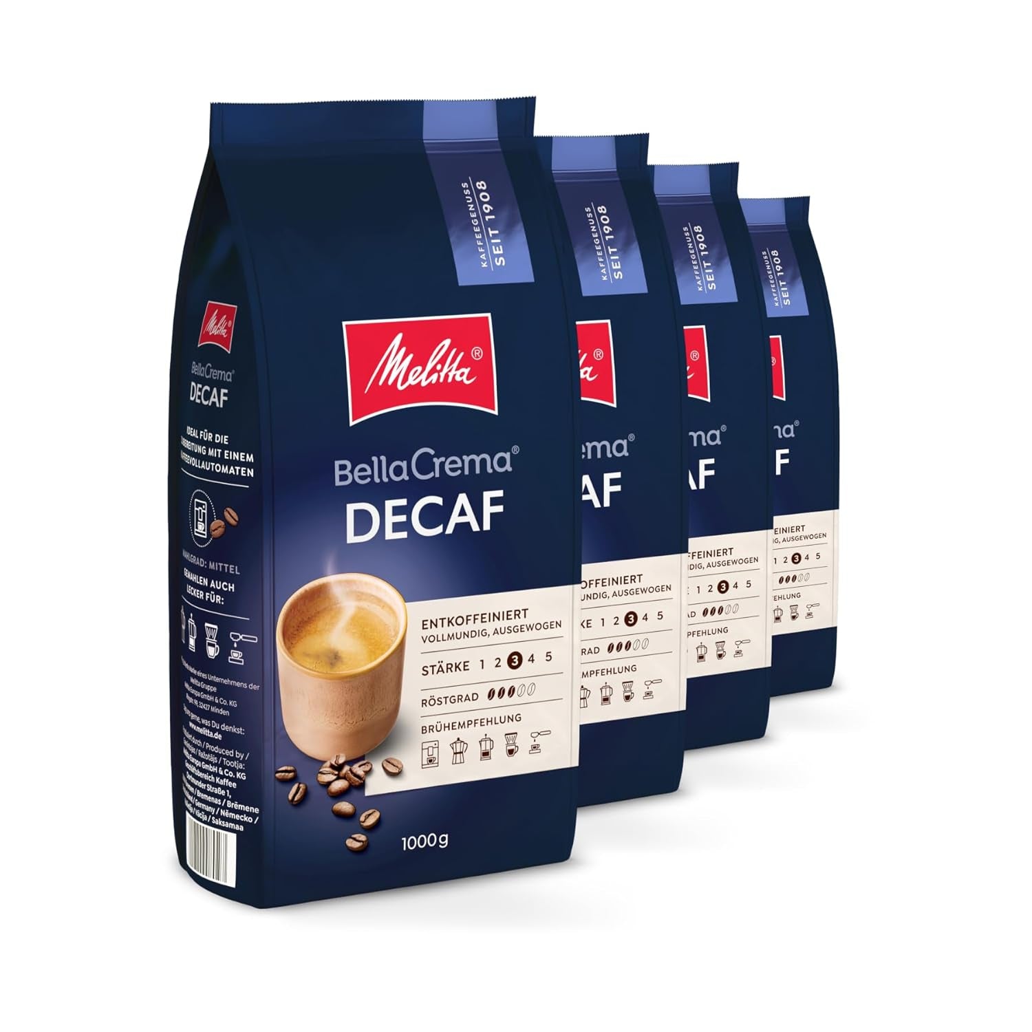 Melitta BellaCrema Lot de 4 grains de café décaféinés non moulus pour machines à café entièrement automatiques, torréfaction légère, torréfaction allemande, 3 forces, 1 kg
