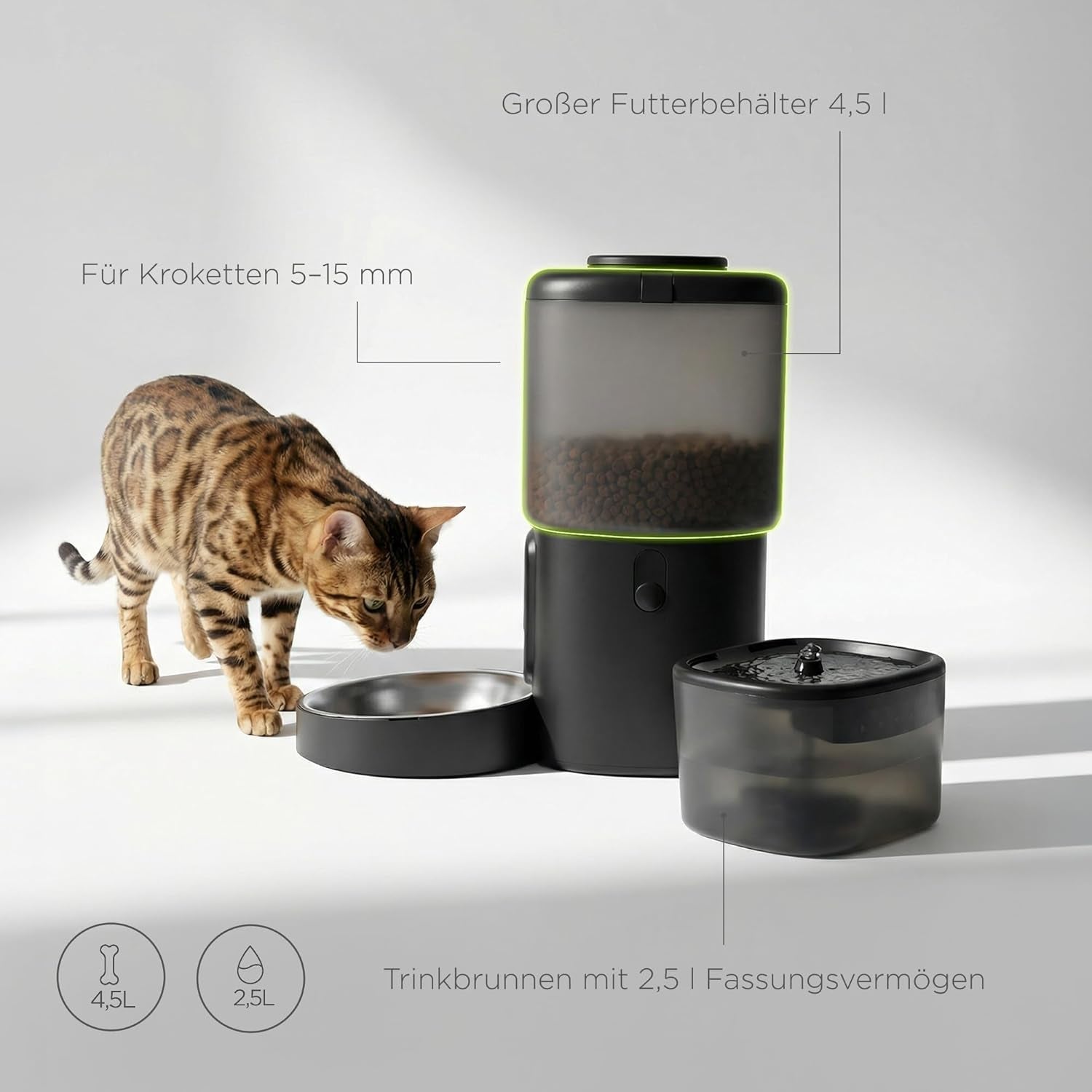 Feast Automatische Futterautomat Katze mit App and Kamera, Live-Video mit Nachtsicht und Zwei-Wege-Audio, Portionskontrolle, Edelstahl-Napf, Katzen Trinkbrunnen mit Filter, 4,5 l et 2,5 l