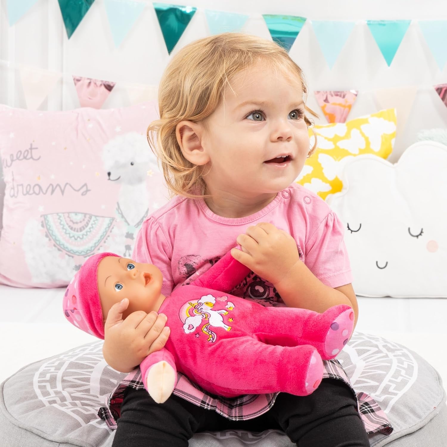Bayer Design 93029AC Babypuppe, Spielpuppe, Kuschelpuppe, weich, ca. 30 cm, Rosa, Einhorn