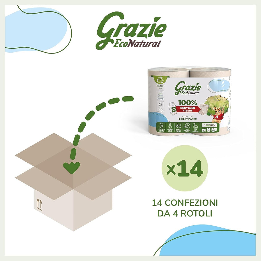 Hârtie igienică Grazie Natural, Econatural, 56 role, hârtie igienică reciclată Fibrepack, 100% ecologică, prietenoasă cu mediul, certificată cu etichetă ecologică și reciclată FSC, fabricată în Italia