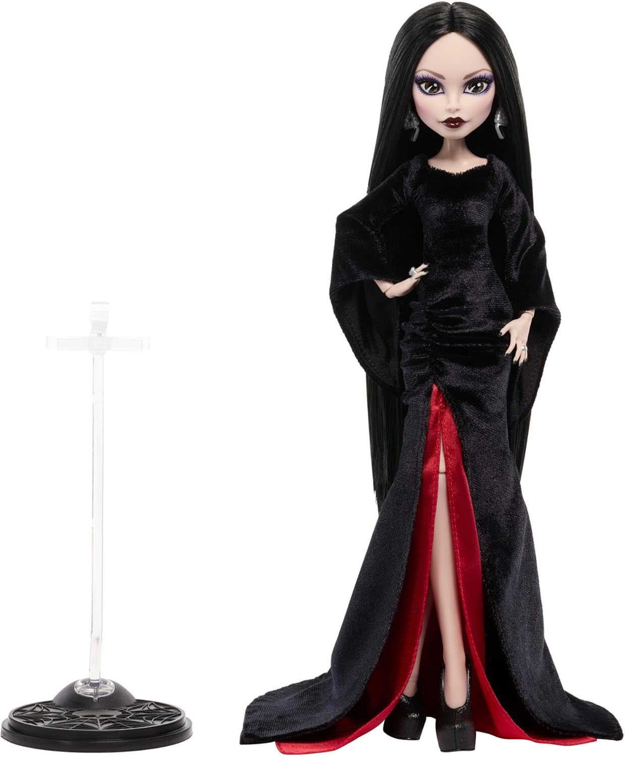 Monster High x Wednesday Puppe, Morticia Addams Sammelfigur im schwarz-purpurrotem Samtkleid mit Schmuck, von der Serie inspirierte Heels und Puppenständer, JLK99