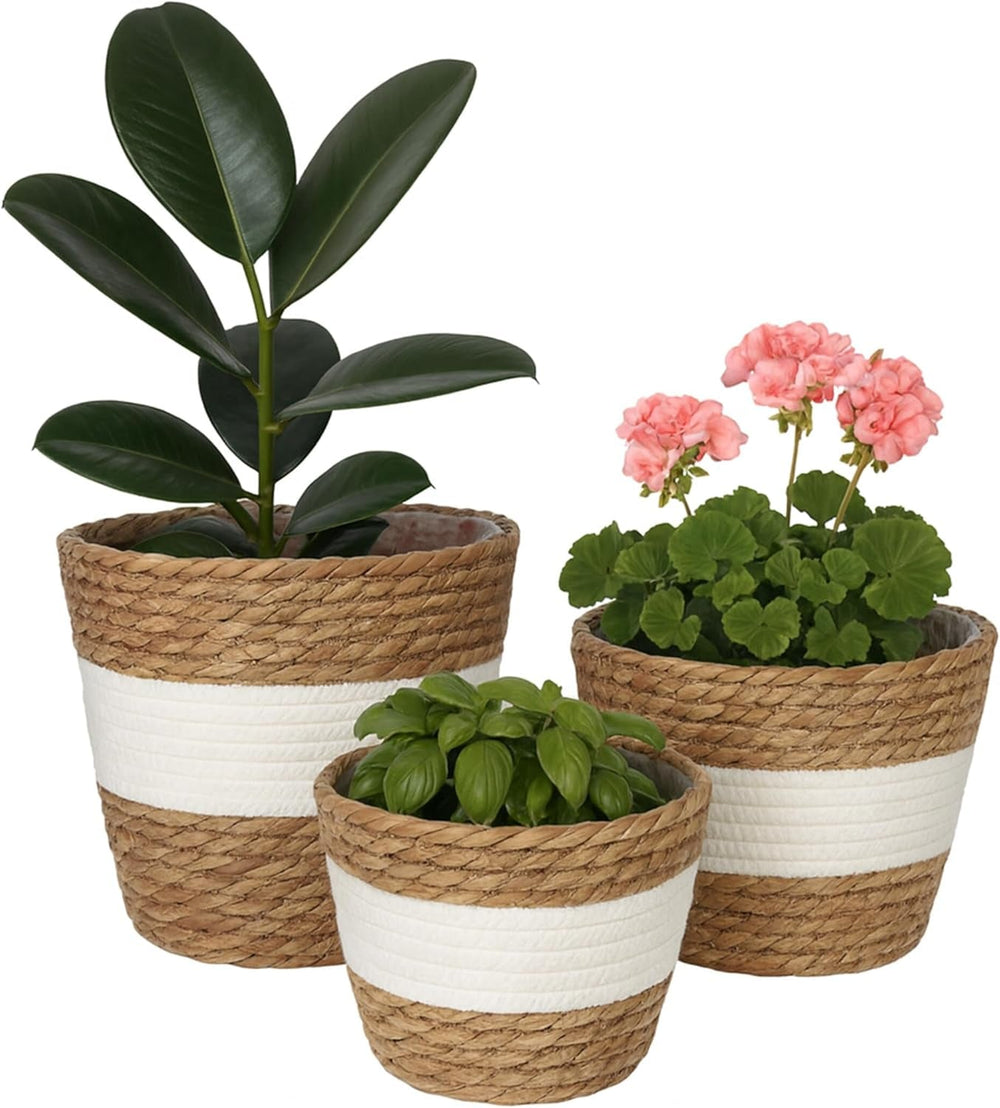 Relaxdays Pots de Fleurs, Lot de 3, Roseau, Pots de Plantes avec Film, 3 Tailles, Style Boho, Pots Ronds, Naturel