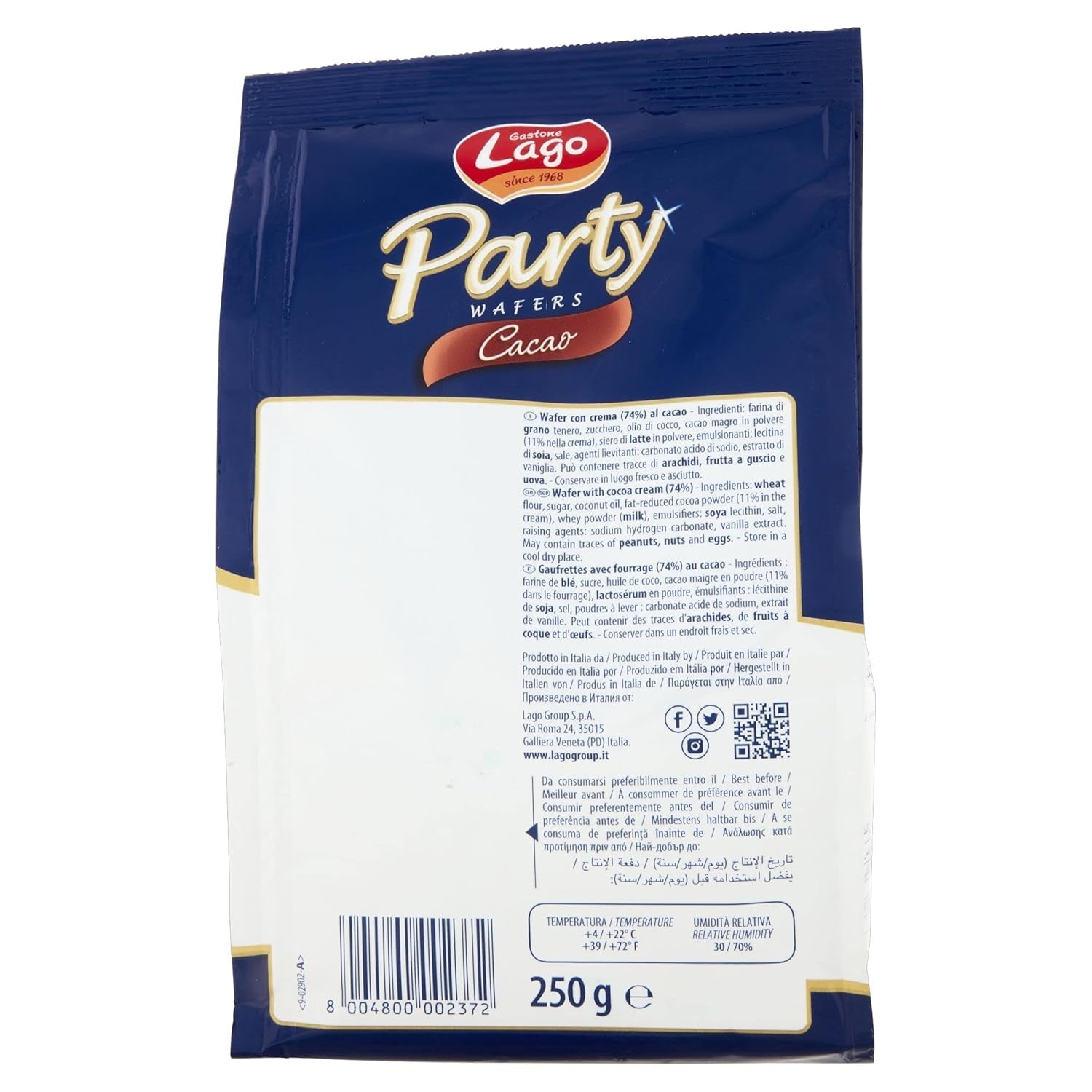 Cacao pour les fêtes 250 g, gaufrette à la crème de cacao, 74% Avec 5 couches de gaufrette et une crème veloutée au chocolat