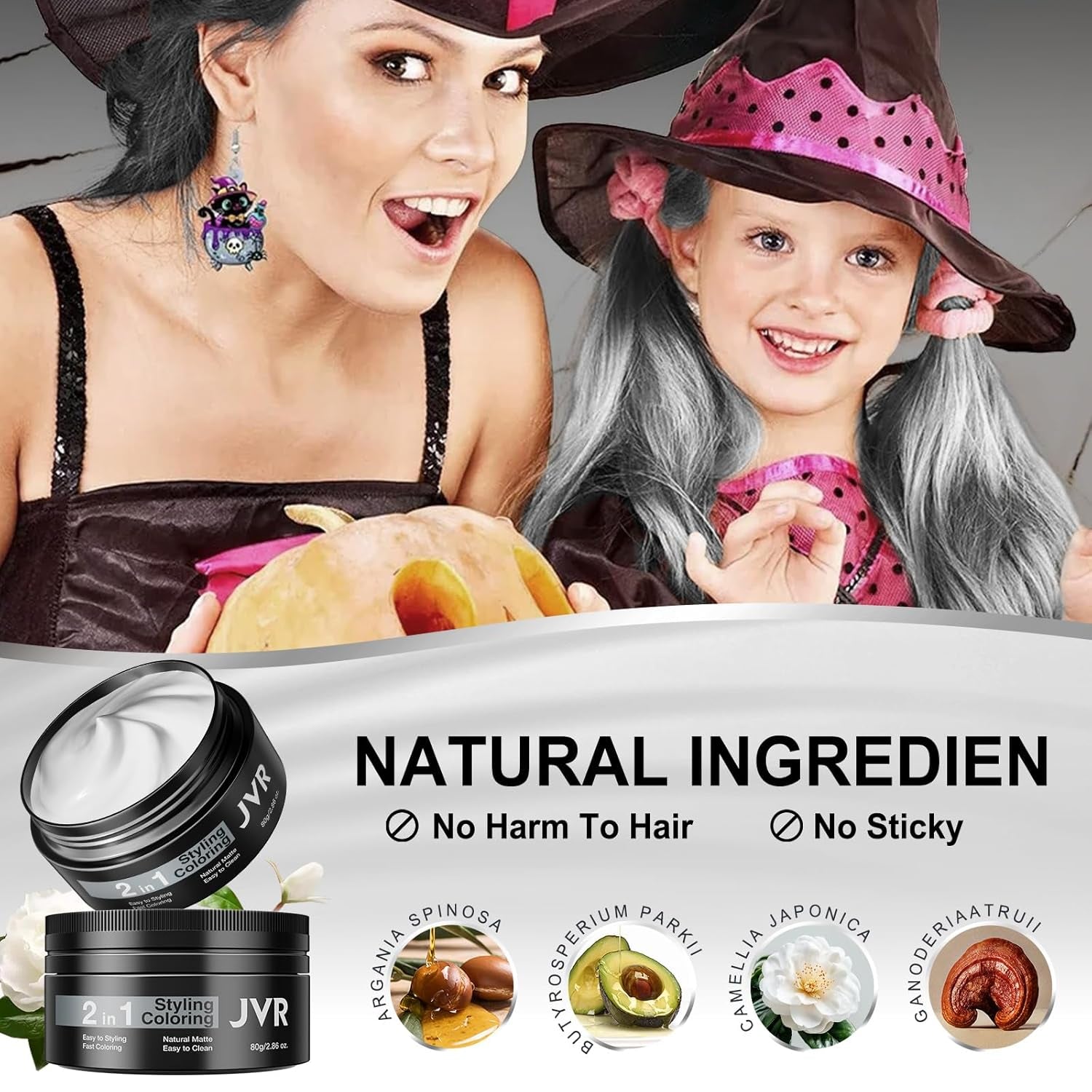 JVR Cire capillaire temporaire 80 g de cire lavable pour enfants, femmes et hommes, coiffure naturelle mate pour fête, cosplay, Halloween, Noël, mascarade, bricolage (gris 80 g) Naty Shop Coloration capillaire