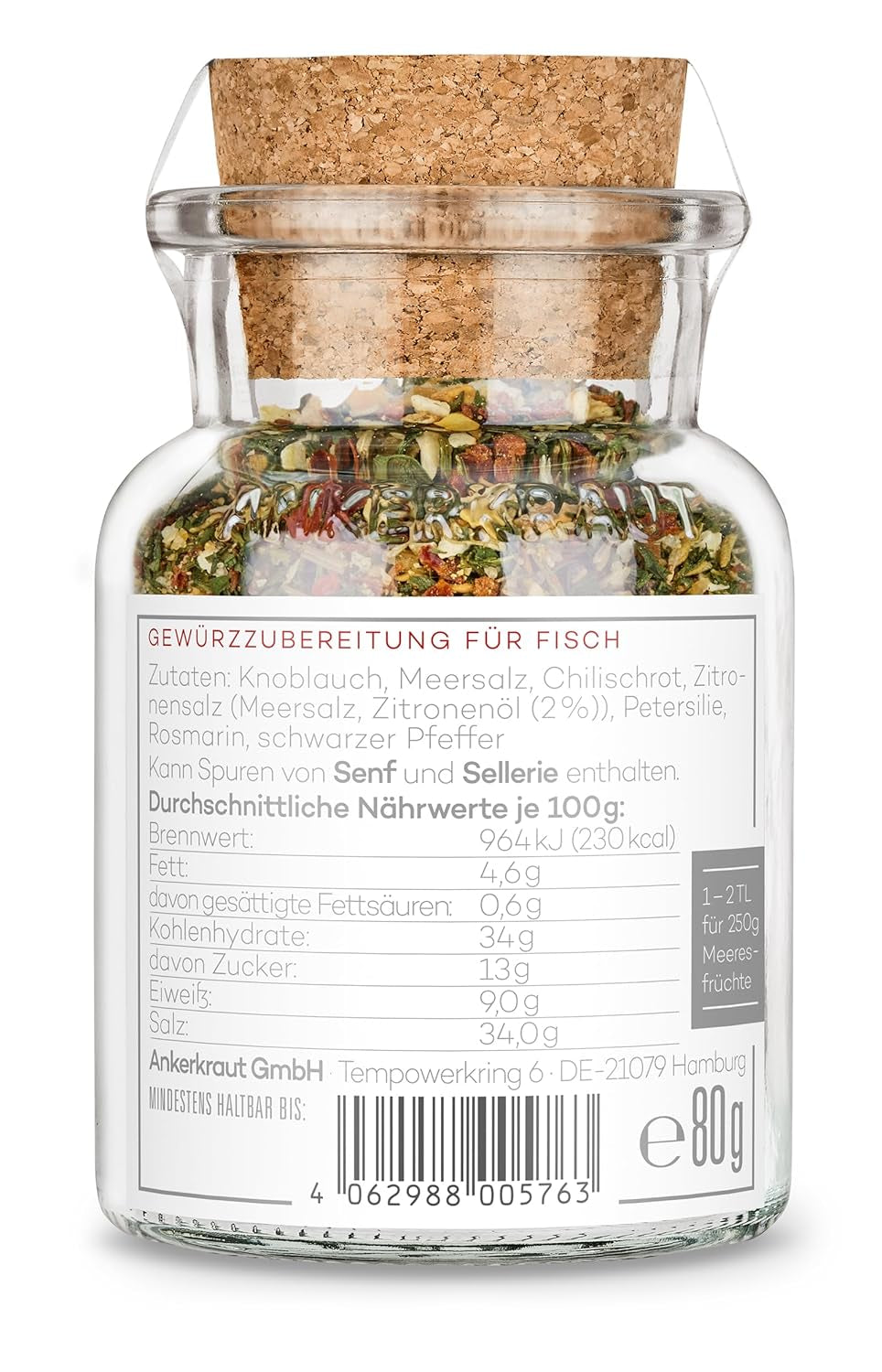 Ankerkraut x Fischereihafen Restaurant Gambas Würzer, Authentisches Gewürz for köstliche Gambas und Meeresfrüchte, Parfait pour la cuisine méditerranéenne, 80 g dans du verre de liège