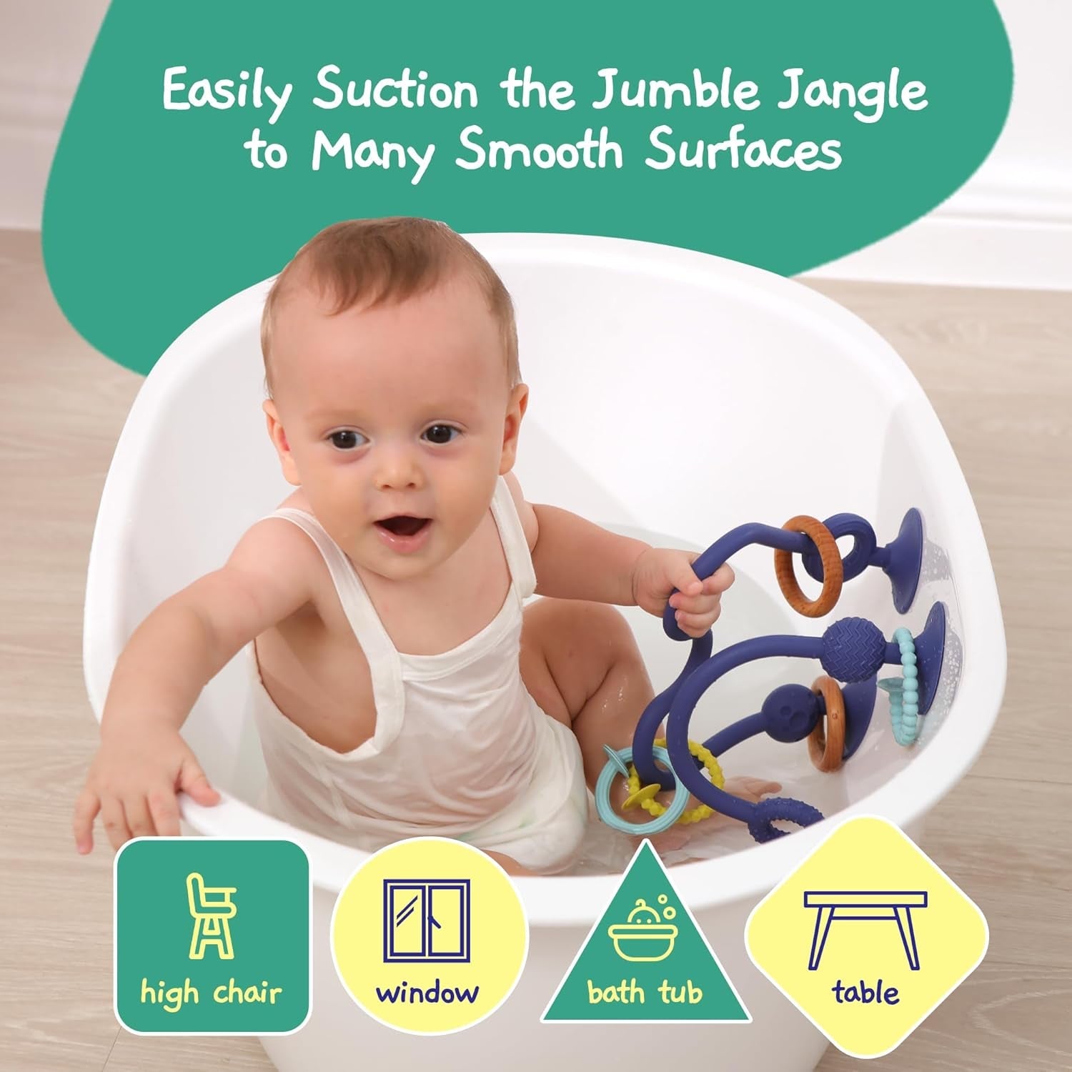 JUMBLE JANGLE Anneau de dentition pour bébé : jouet de dentition pour bébé de 3 à 24 mois | Ensemble de 7 jouets à mâcher sans BPA | Anneau de dentition en silicone rafraîchissant | Jouet pour tout-petit avec ventouse pour chaise haute, table et baignoire
