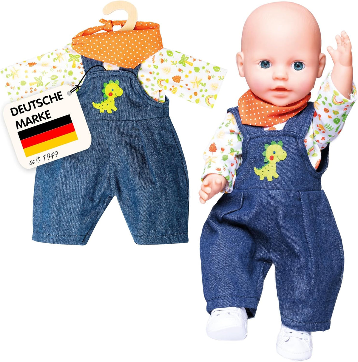 Heless 1115 - Kit d'accessoires pour chiots dans un design dinosaure, 3 pièces avec des pantalons, un t-shirt et un tissu, taille 28 - 35 cm