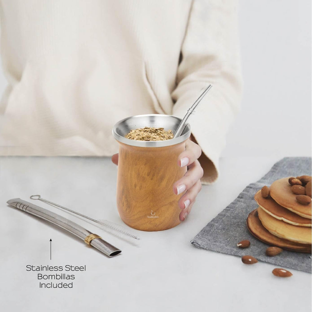 Service à thé Yerba Mate balibetov (tasse à Mate) en acier inoxydable avec bombilla (paille) pour maté, ensemble Yerba Mate facile à nettoyer et très résistant (BOIS)