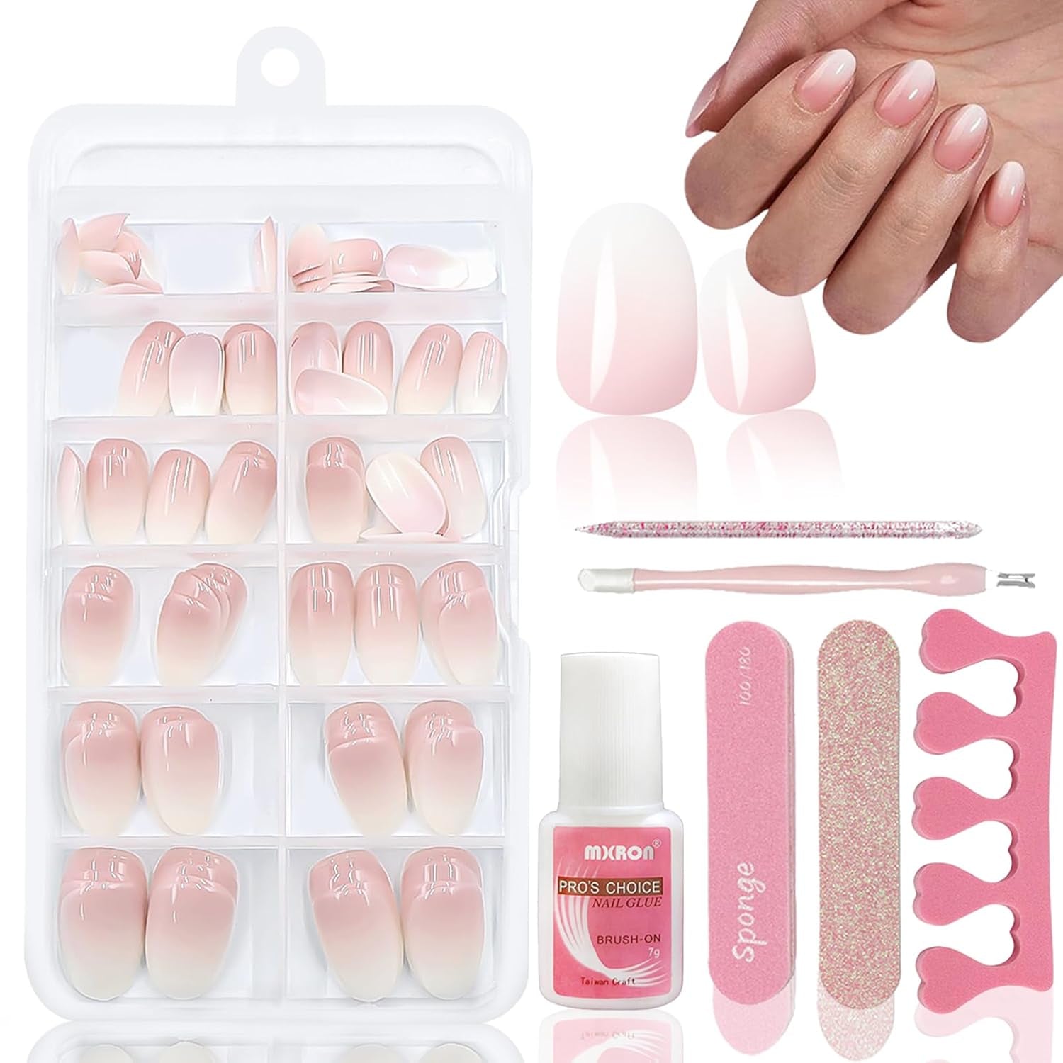120 pcs faux ongles rose chair avec colle à ongles – 12 tailles courtes ovales carrées à presser – beaux ongles, colle sur ongles artificiels – convient pour la conception d'ongles DIY des femmes (dégradé rose Squaval)