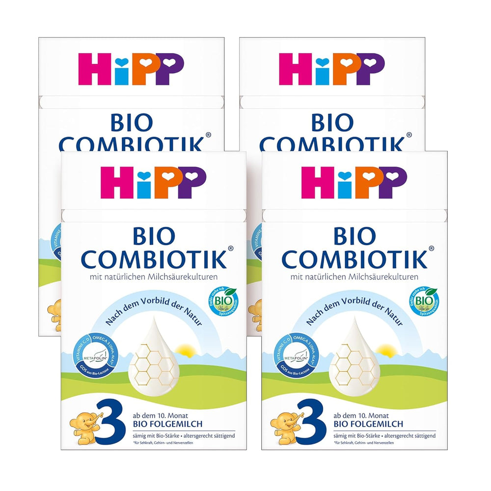 HiPP 3 Bio Combiotik (4 x 600g), lait de suite dès 10 mois, avec cultures naturelles d'acide lactique, vitamines C et D, GOS, Oméga-3 (DHA, ALA), de la meilleure qualité biologique
