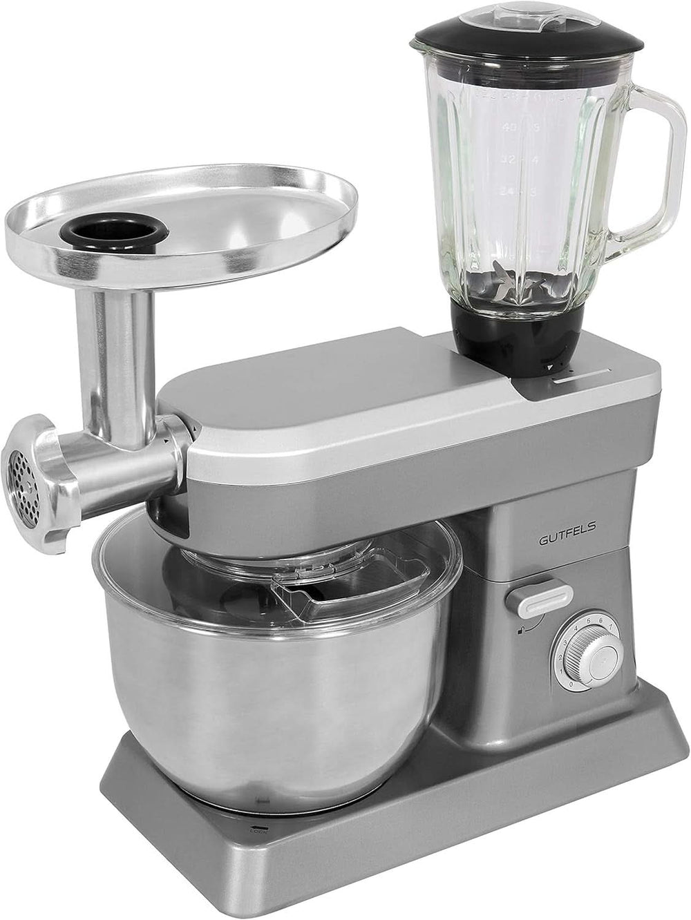 GUTFELS Machine à cuisiner KM 8102 Roi | Machine de cuisine | 1200 watts | Schneebesen | Rührhaken | Knethaken | 10 Étages | Pourriture | 5 L Schüssel Mère et Enfant Naty Shop Argent