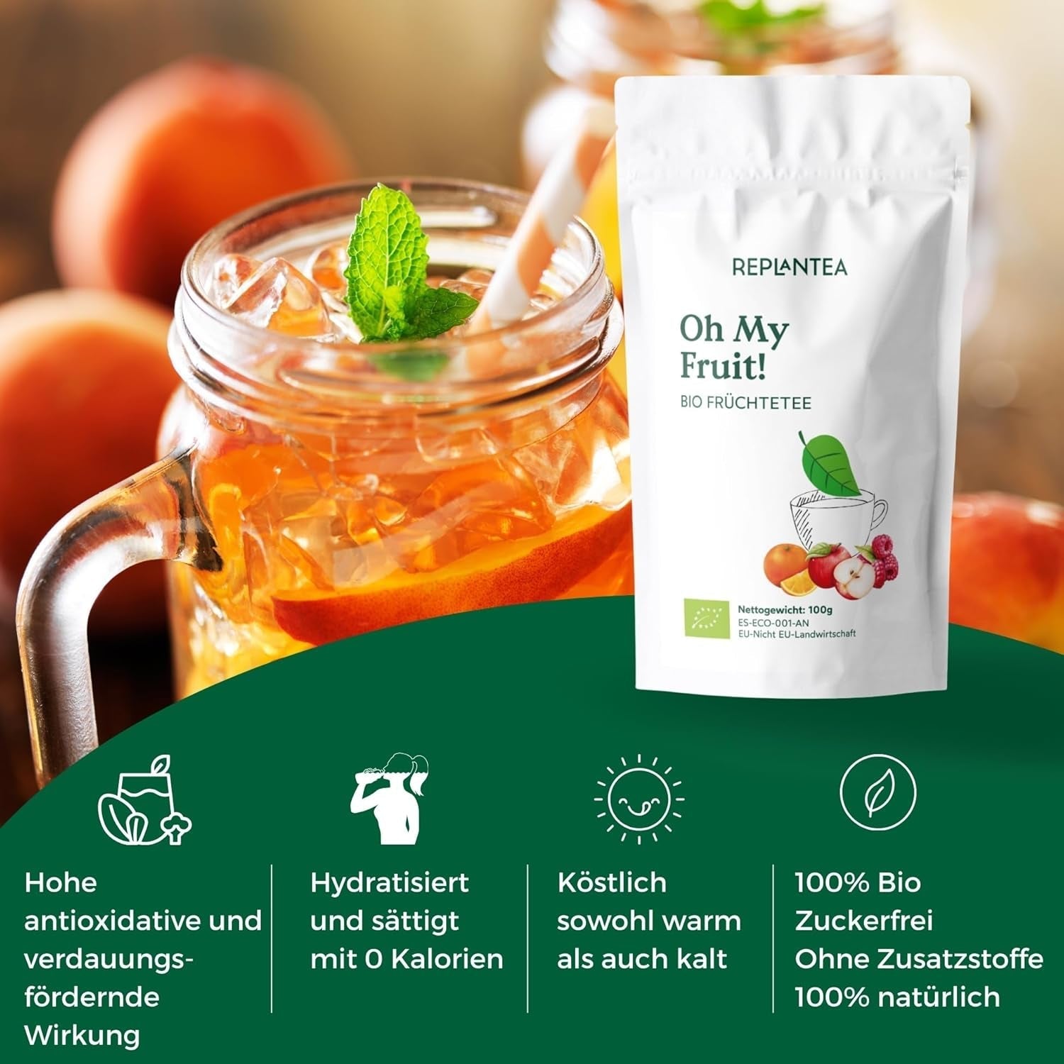 Ceai de fructe BIO Oh My Fruit 100 g (50 de cești) | Ceai de fructe vrac cu mere, hibiscus, zmeură, portocale și frunze de stevia REPLANTEA