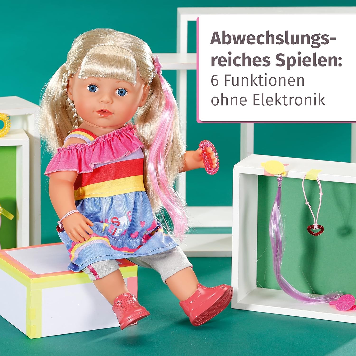 BABY Born Sister blond 43cm, Puppe mit Haaren und 6 Funktionen für Kinder ab 4 Jahren, funktioniert ohne Batterie, 830345 Zapf Creation