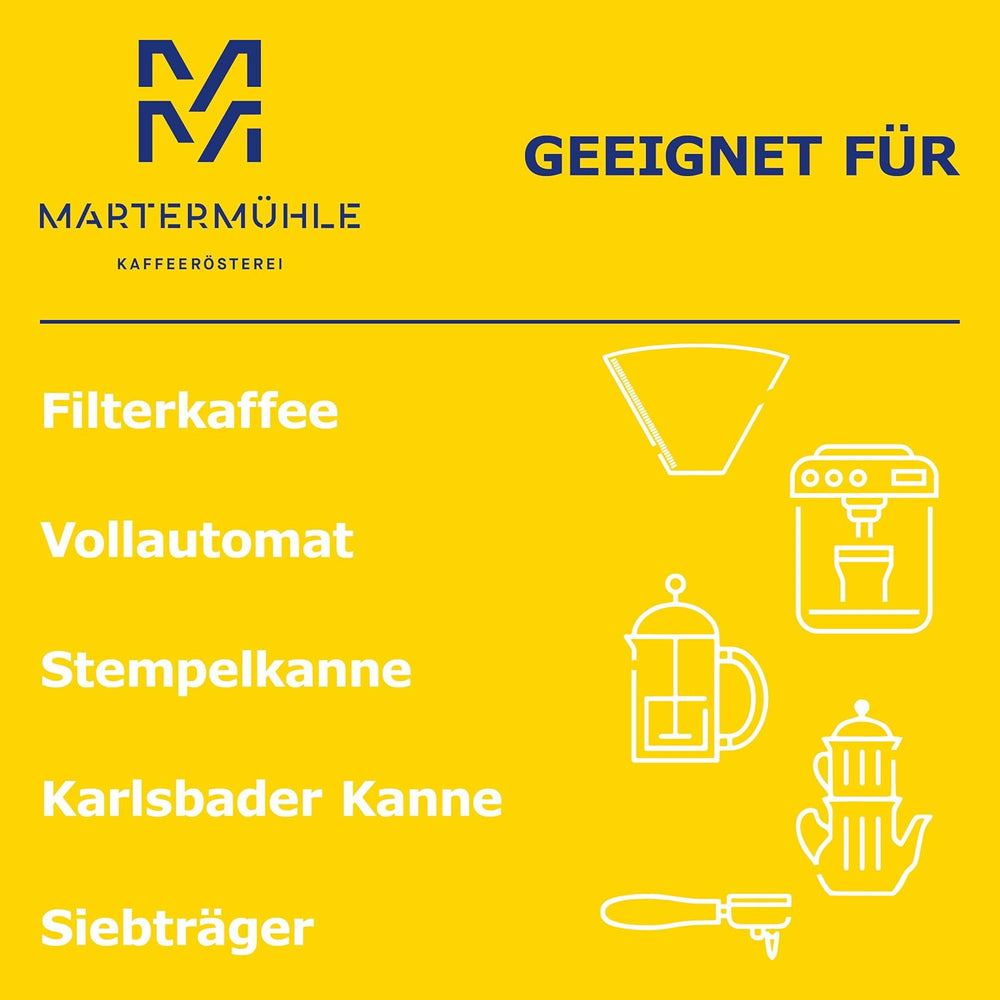 Martermühle Café Crème Kaffeebohnen 500g mittelkräftig I Arabica I Saveurs : Brauner Zucker, Haselnuss, Schokolade I Ganze Kaffeebohnen schonend geröstet, säurearm