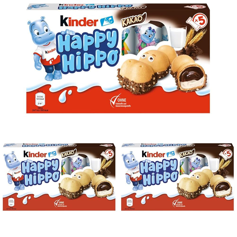 Kinder Happy Hippo Noisette - Spécialité Gaufrettes Croquantes au Lait et Crème de Noisettes - Bonbons Carnaval et Mardi Gras - 1 paquet contenant 5 barres individuelles de 20,7 g chacune