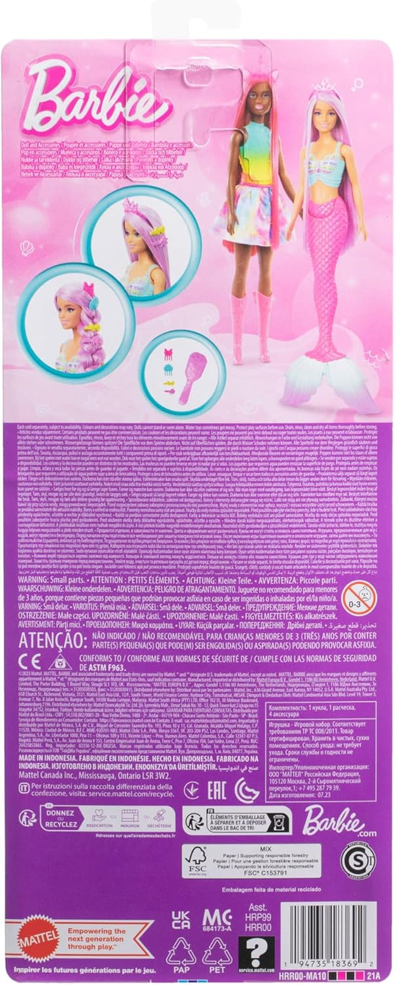 Păpușa Barbie Mermaid - cu păr lung roz și accesorii pentru styling personalizat, inclusiv perie, cochilie frumoasă și aripioare roz, pentru copii de la 3 ani, HRR00 Papusi Naty Shop